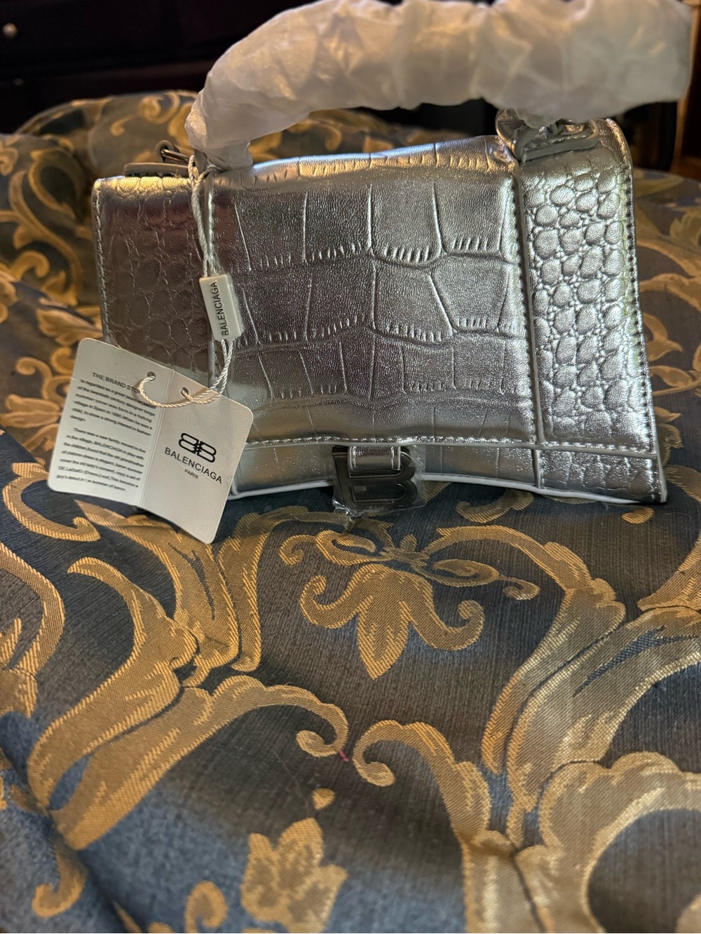 Designer Inspired Silver Croc-Embossed Top Handle Bag